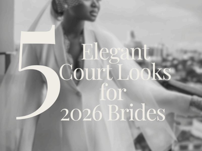 A curated collage of 5 stylish court wedding looks inspired by real women and 2026 bridal fashion trends.